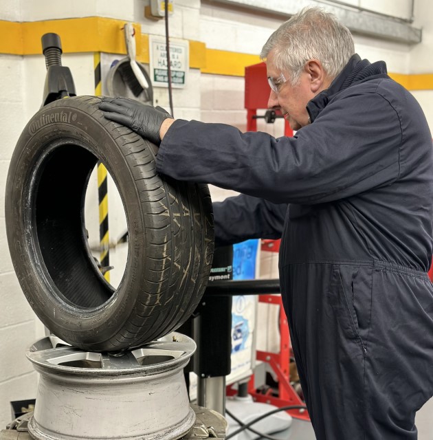 Jim Saker with tyre